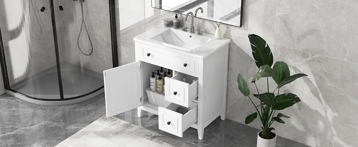 30" Bathroom Vanity with Sink Top, Bathroom Vanity Cabinet with Door and Two Drawers, Solid Wood Frame, One Package, White by eprolo