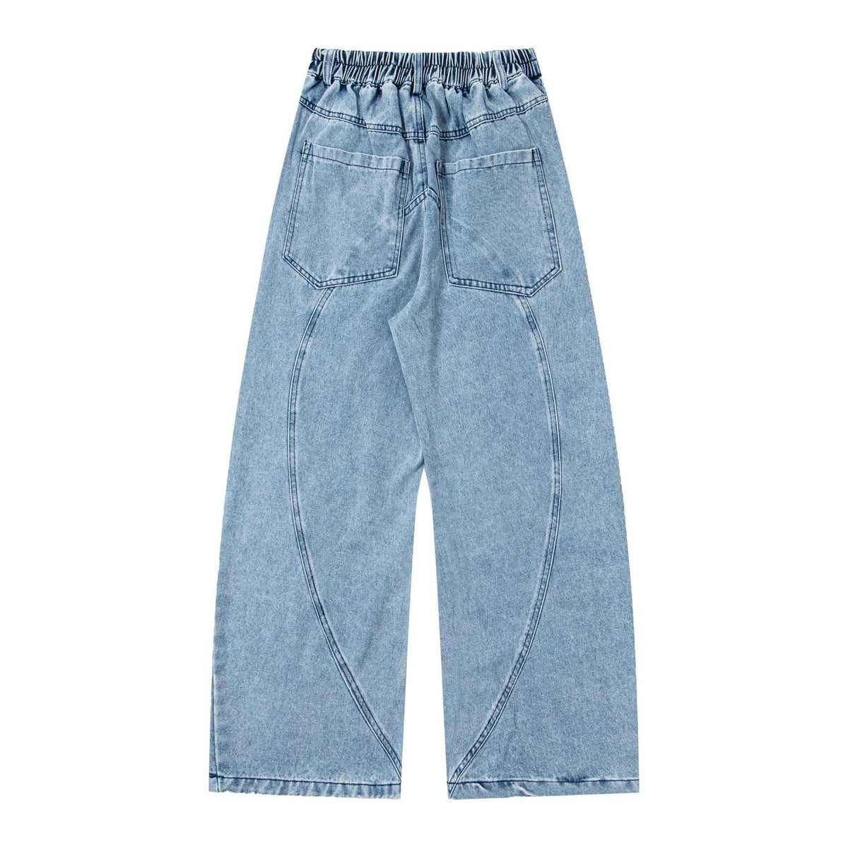 Embroidered washed denim jeans by eprolo, light blue denim with elastic waistband and back pockets visible
