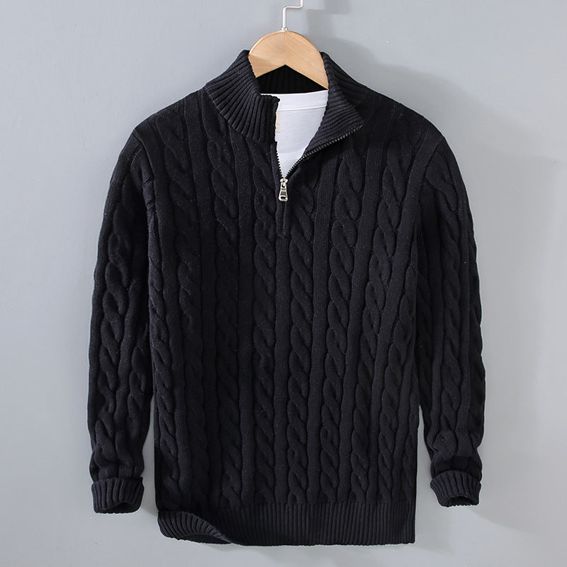 Men's black heavyweight cable-knit zip-front mock-neck pullover sweater, loose fit