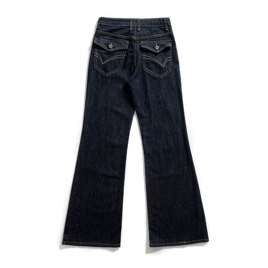 Women's elegant drape denim flared pants in dark indigo with back pocket flaps and contrast stitching, loose fit