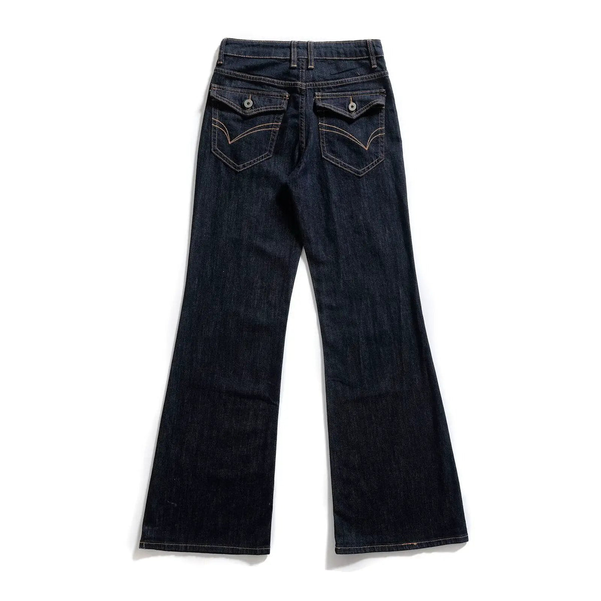 Women's elegant drape denim flared pants in dark indigo with back pocket flaps and contrast stitching, loose fit