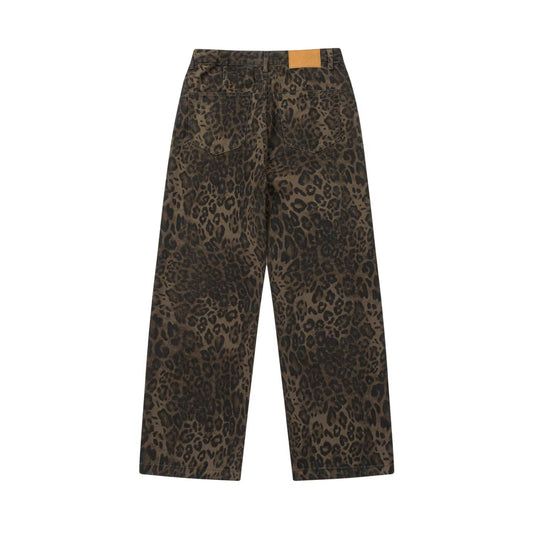 Leopard Print Straight Leg Washed Casual Pants