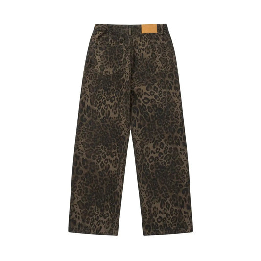 Leopard print straight-leg mid-rise pants, washed casual style, by eprolo