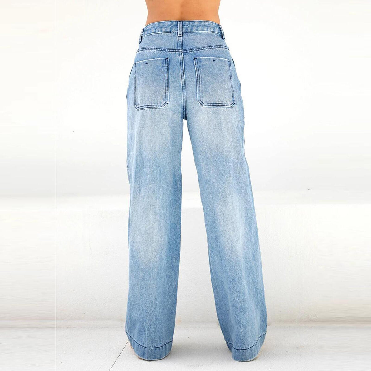 Loose denim pants for women by eprolo, light blue jeans with back pockets