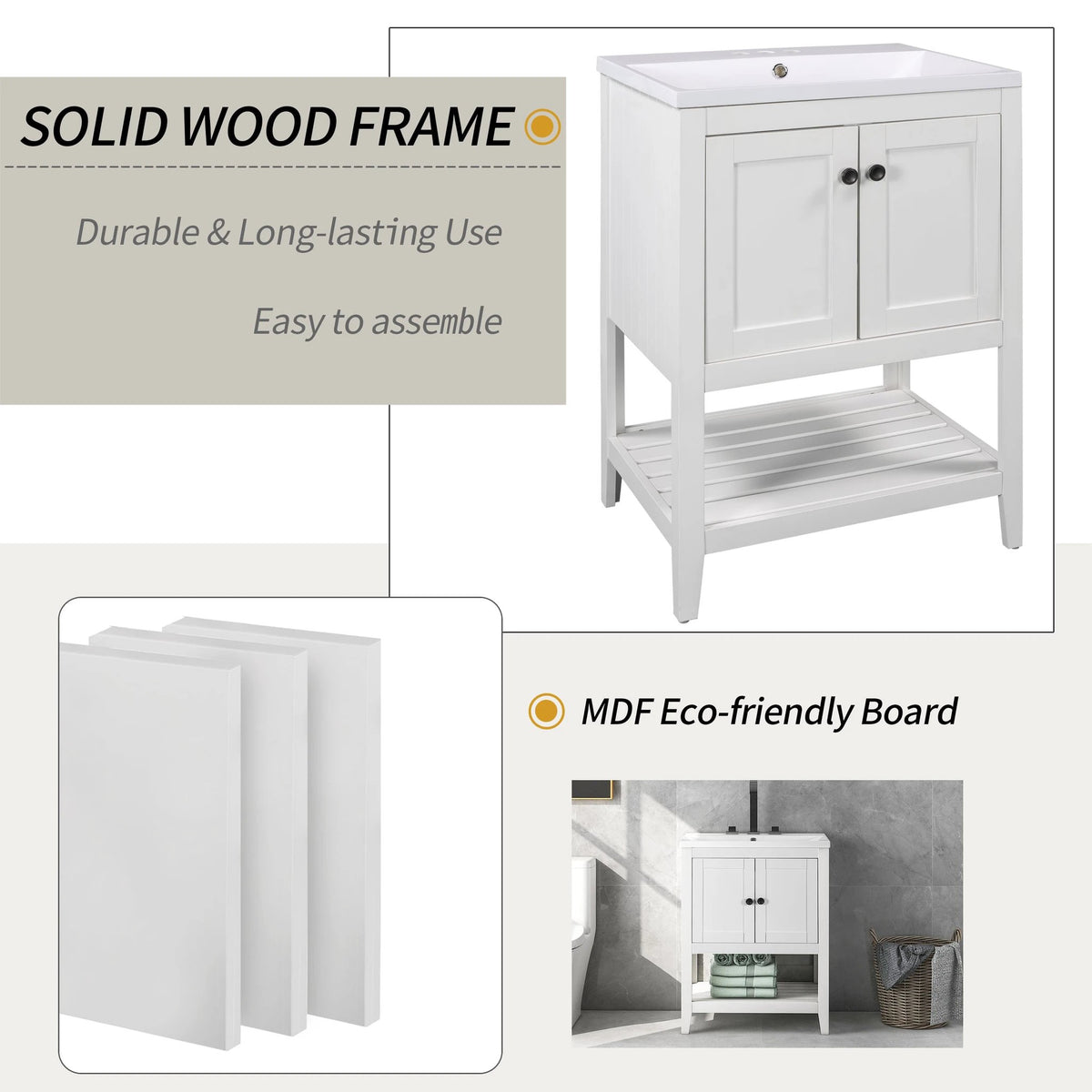 24" White Modern Sleek Bathroom Vanity Elegant Ceramic Sink with Solid Wood Frame Open Style Shelf by eprolo