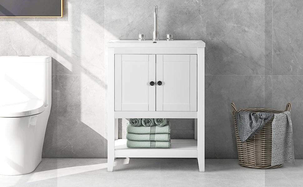 24" White Modern Sleek Bathroom Vanity Elegant Ceramic Sink with Solid Wood Frame Open Style Shelf by eprolo