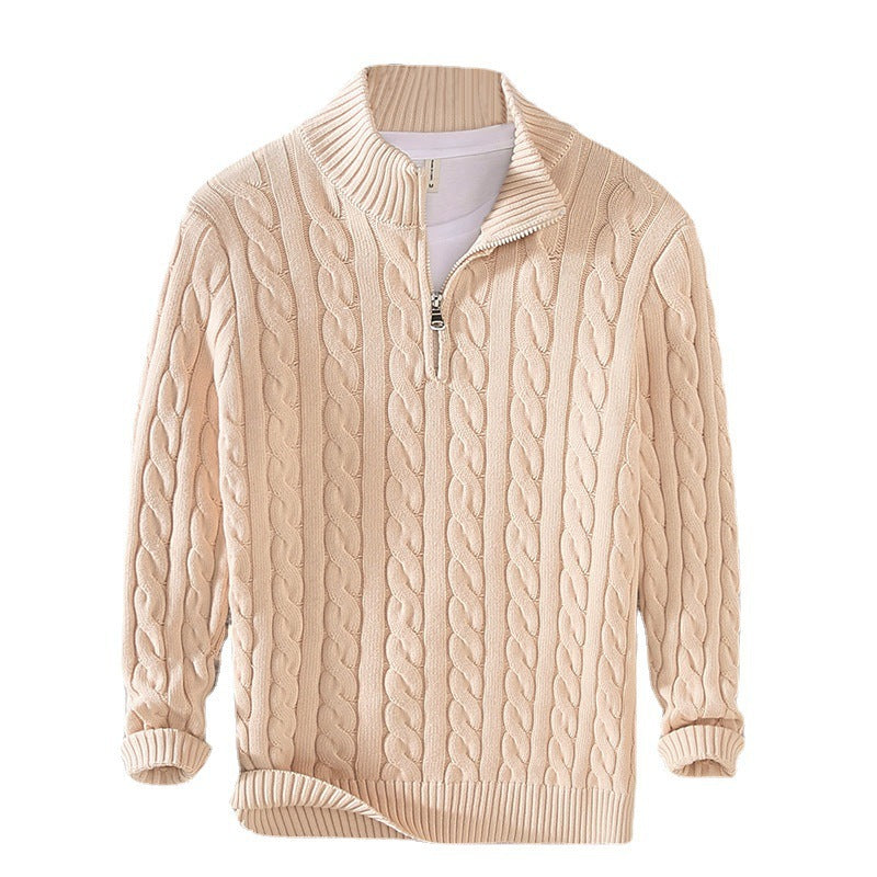 Men's thickened coarse-knit cable-knit mock-neck zipper pullover sweater in beige
