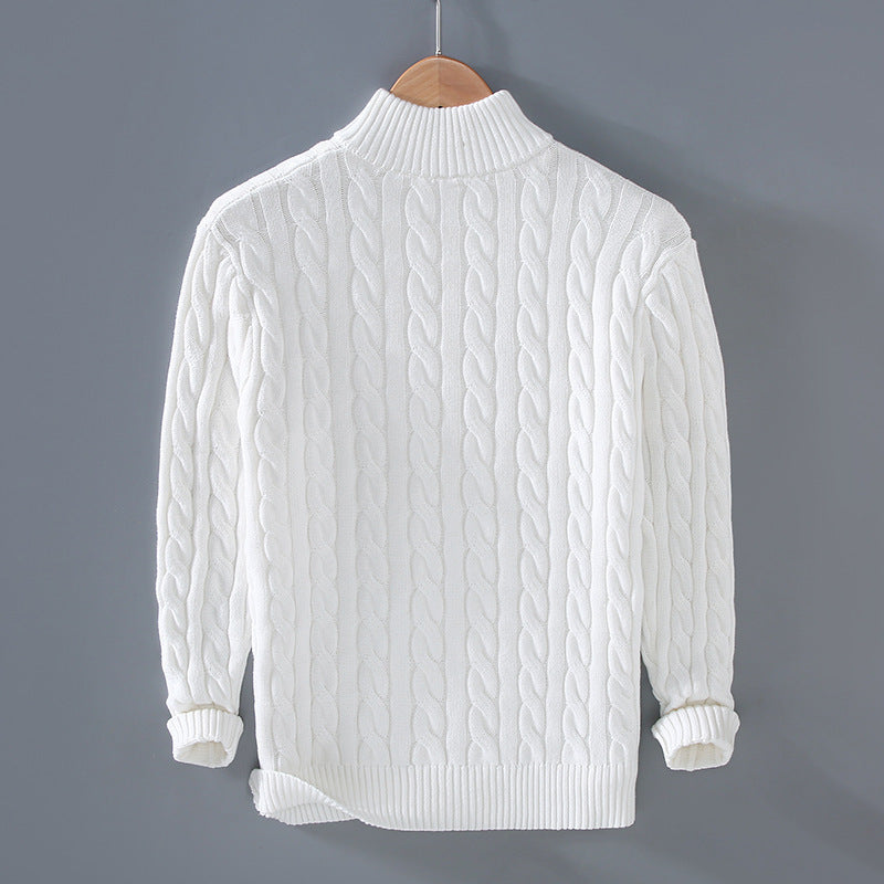 Men's eprolo thickened cable-knit mock-neck pullover sweater, white with ribbed cuffs
