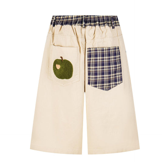 Short en jean large à carreaux, broderie chat et taille contrastante
