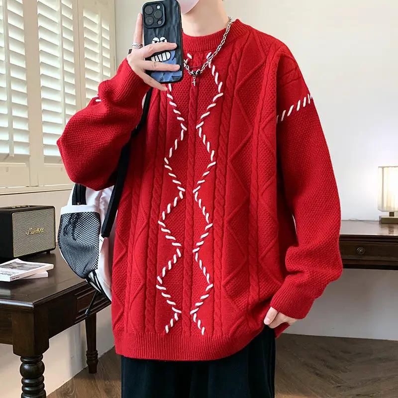 Men's red cotton-blend crewneck sweater with white cable-knit pattern and modern fit