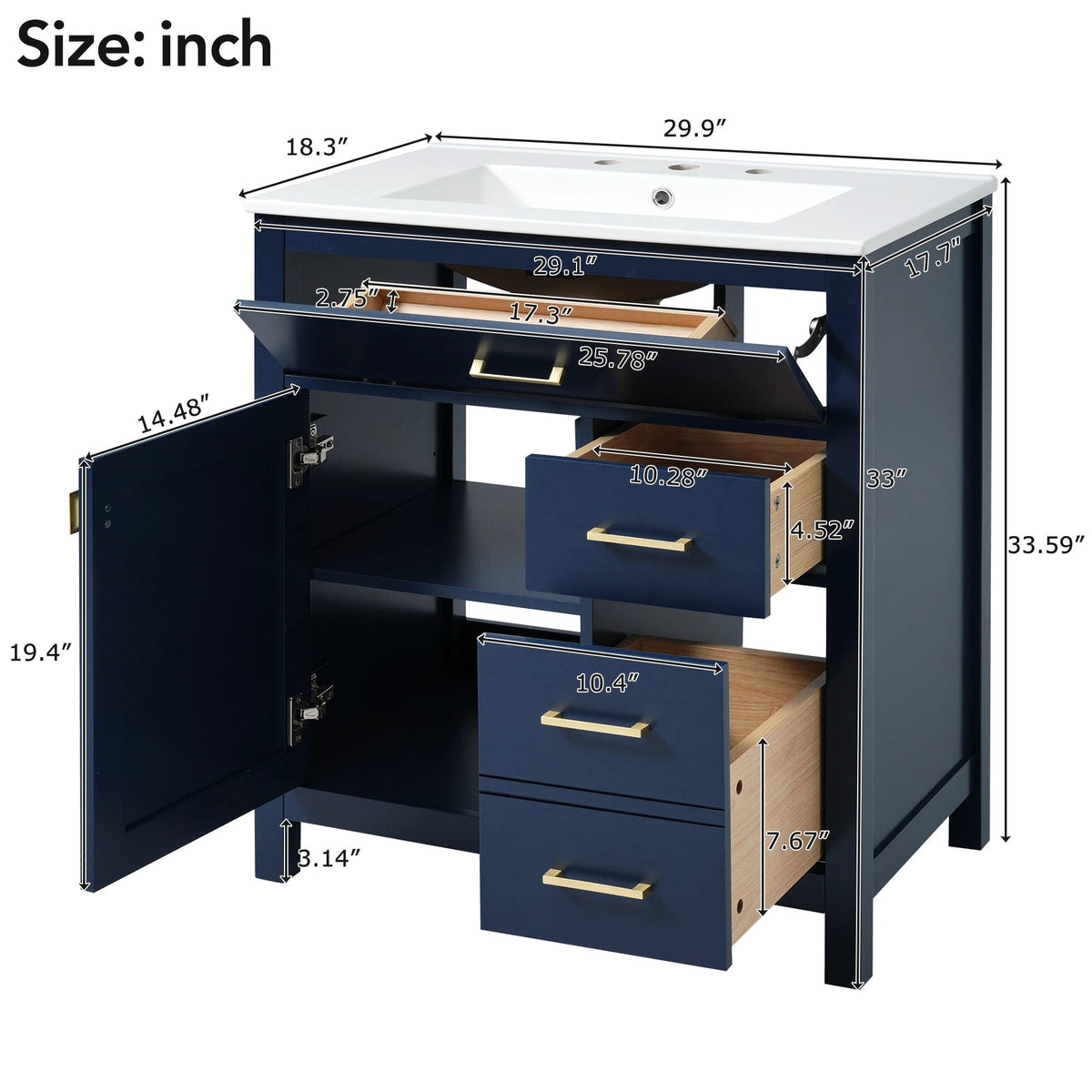 30-Inch Blue Bathroom Vanity with Ceramic Sink and Ample Storage - Ideal Choice for Small Bathrooms by eprolo