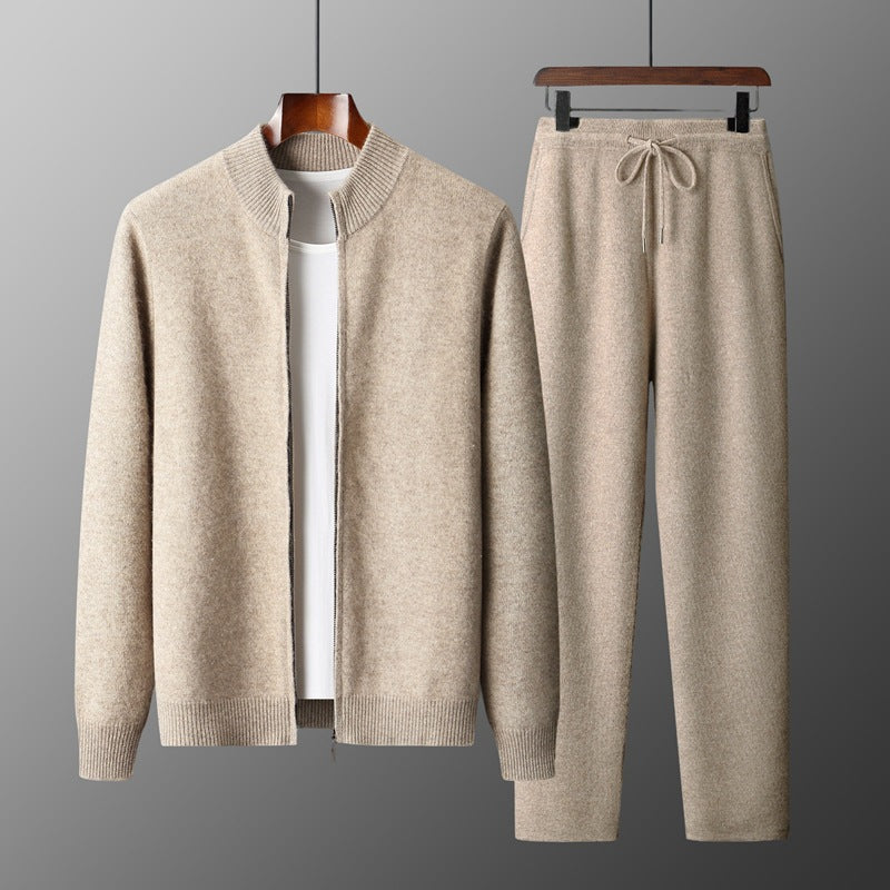 Men's 100% Australian wool stand-collar zip cardigan jacket and matching pants set in beige, by eprolo