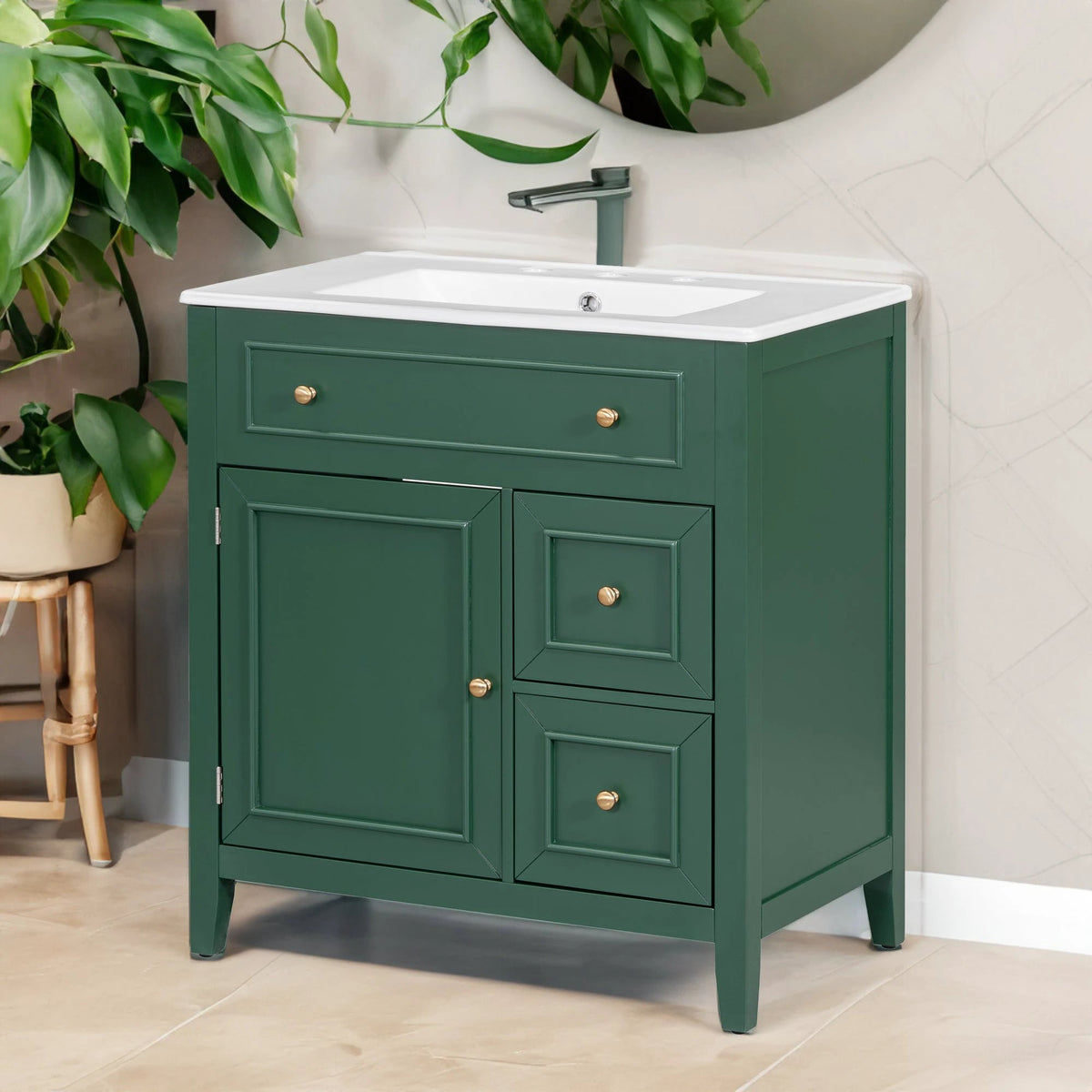 30" Bathroom Vanity with Sink Top, Bathroom Vanity Cabinet with Door and Two Drawers, Solid Wood Frame, One Package, Green by eprolo