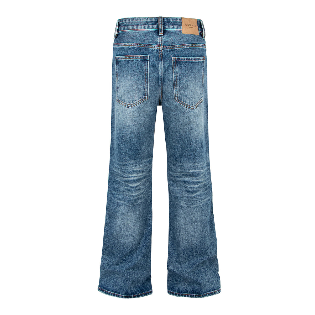 Blue Distressed Cat-Whisker Bamboo Texture Flared Jeans by eprolo, denim with back pockets