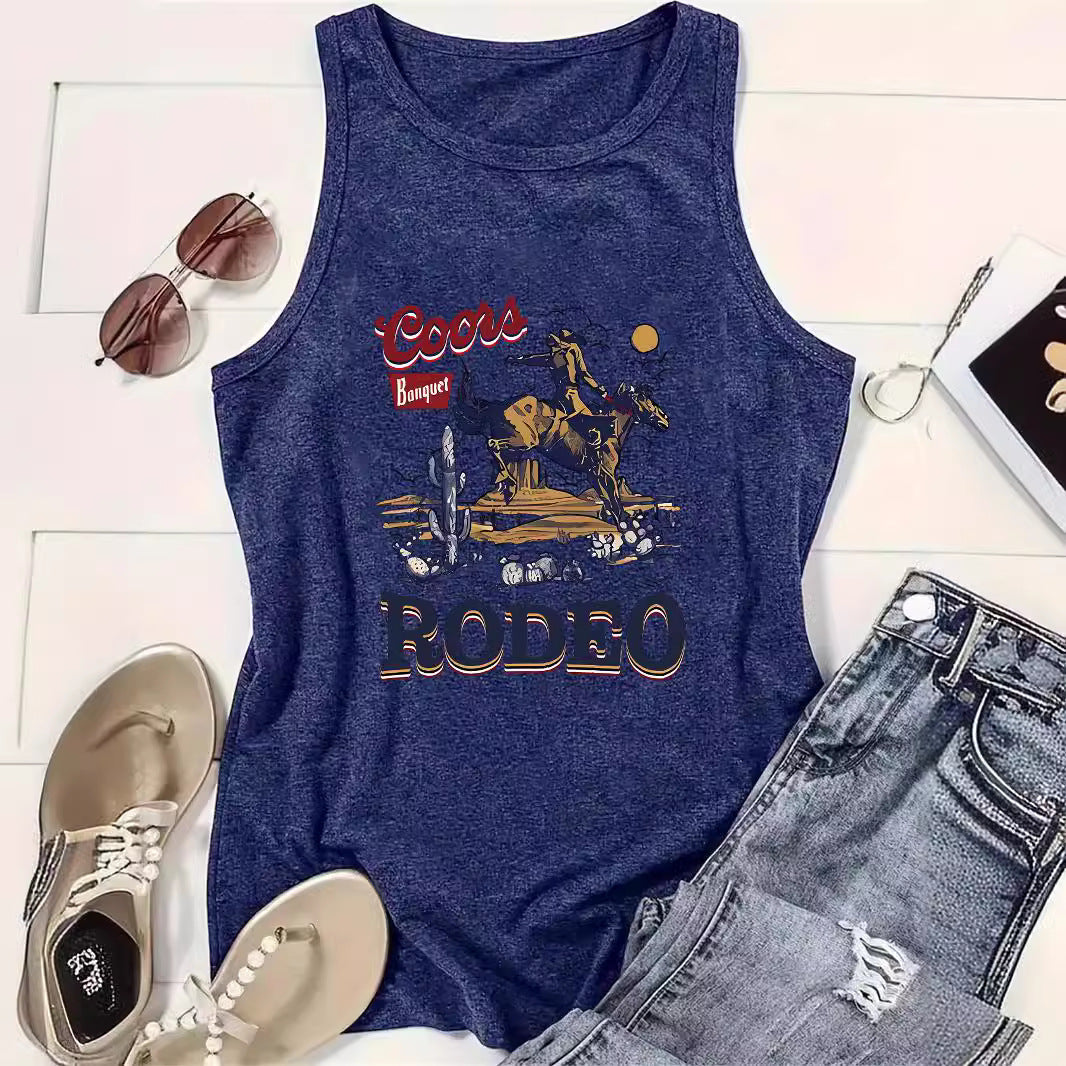 eprolo Western denim sleeveless top in blue with rodeo graphic and Coors Banquet logo