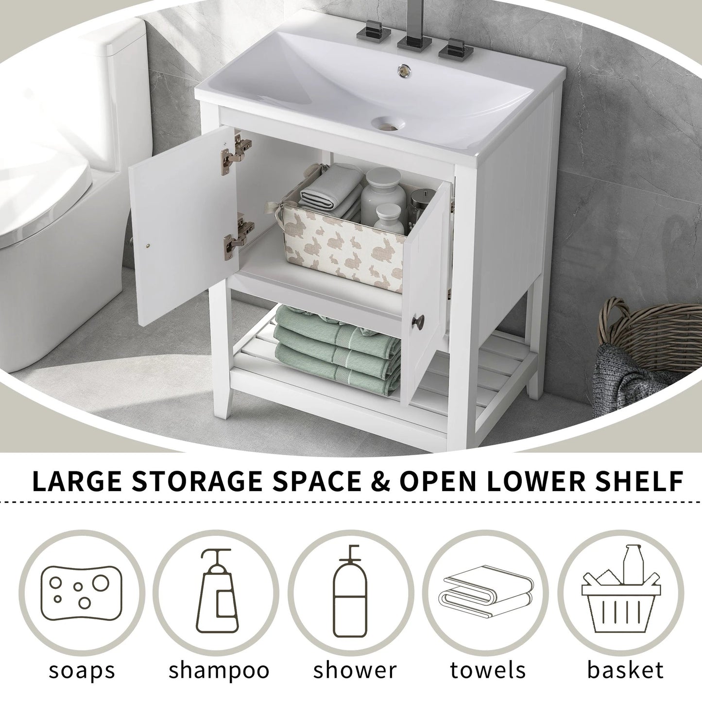 24" Bathroom Vanity Base Only, Soild Wood Frame, Bathroom Storage Cabinet by eprolo