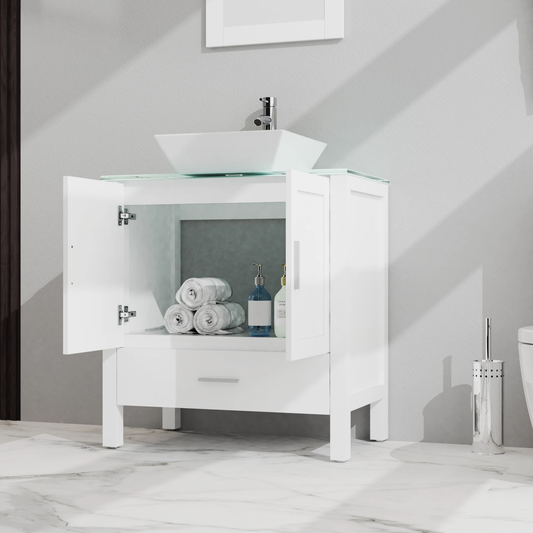 Goodyo 30" Bathroom Vanity and Sink Combo Glass Top Cabinet w/Mirror, White by eprolo
