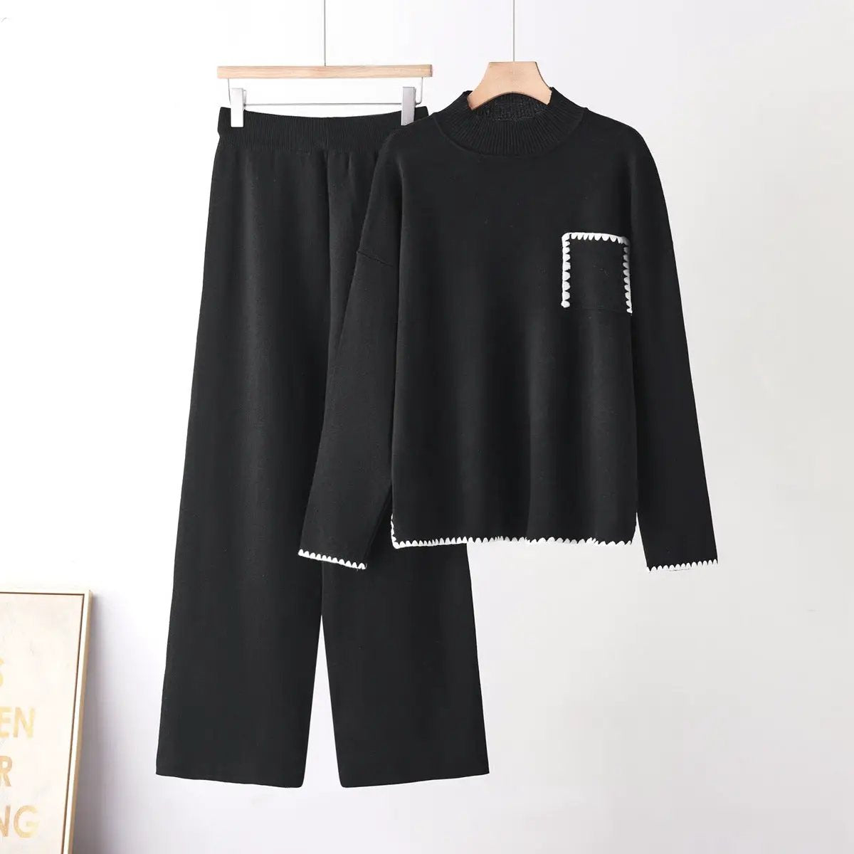Two Piece Knit Set With Half High Neck And Straight Leg Pants