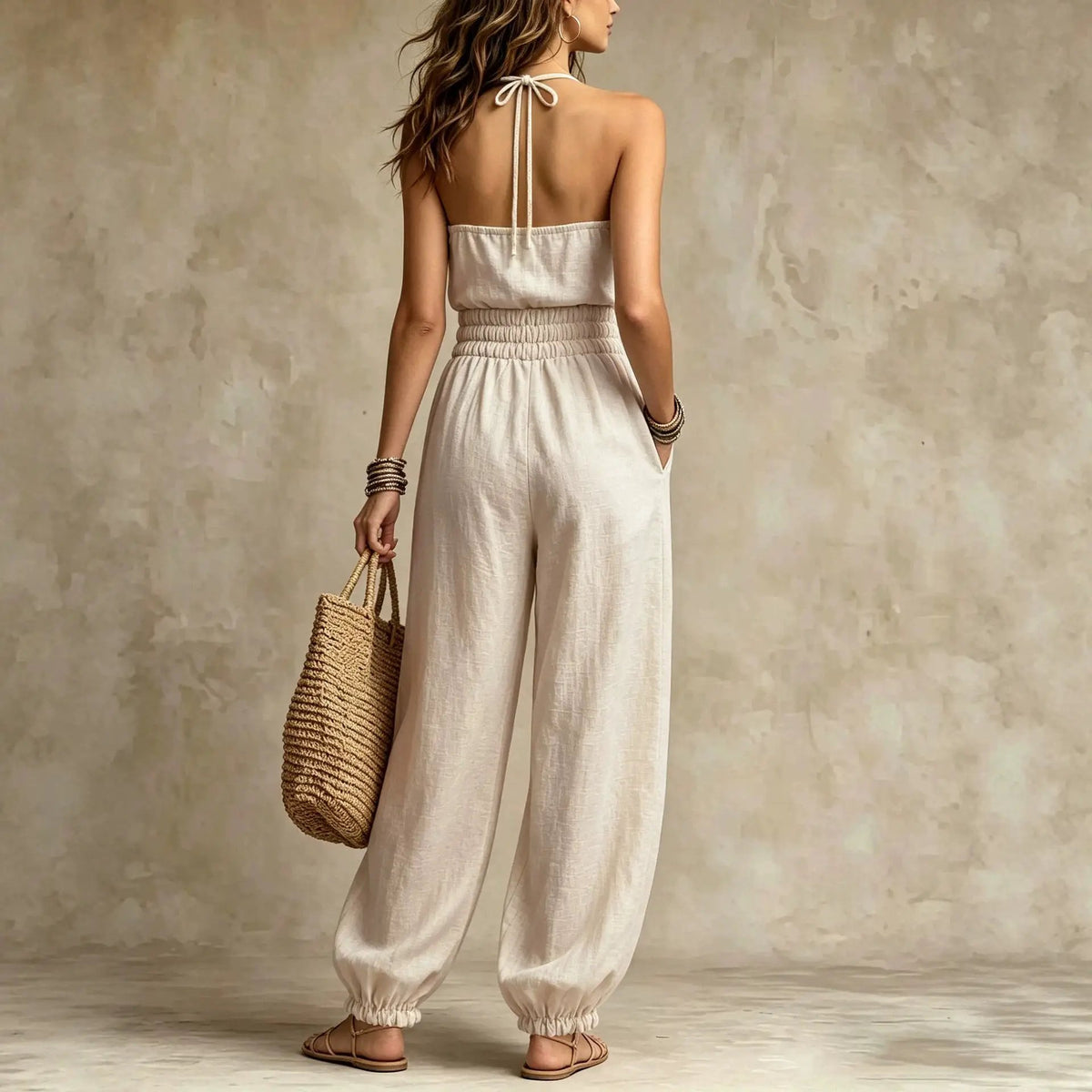 Women’s bohemian halter jumpsuit in beige linen look, back view with smocked waist and wide-leg pants