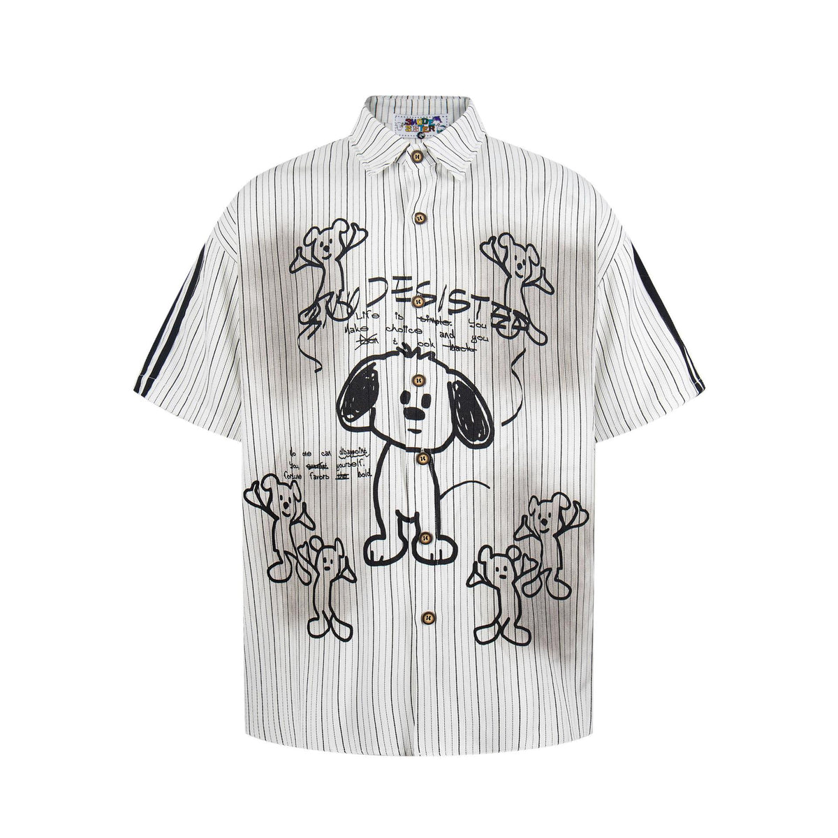 Dirty Stray Dog Printed Shirt by eprolo, white pinstripe short-sleeve with cartoon dogs