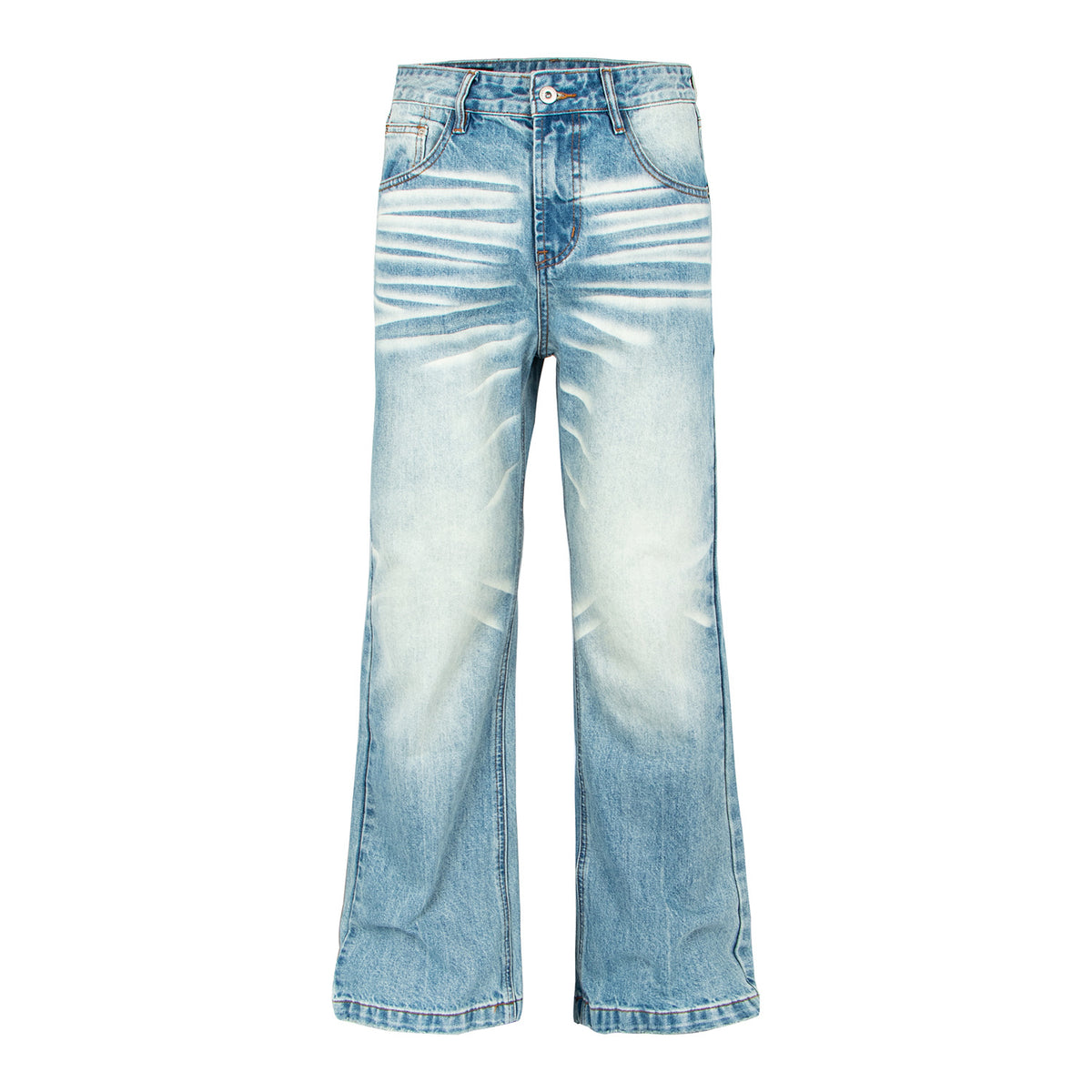 Washed light-blue distressed flared jeans with whiskering, front pockets and button waist