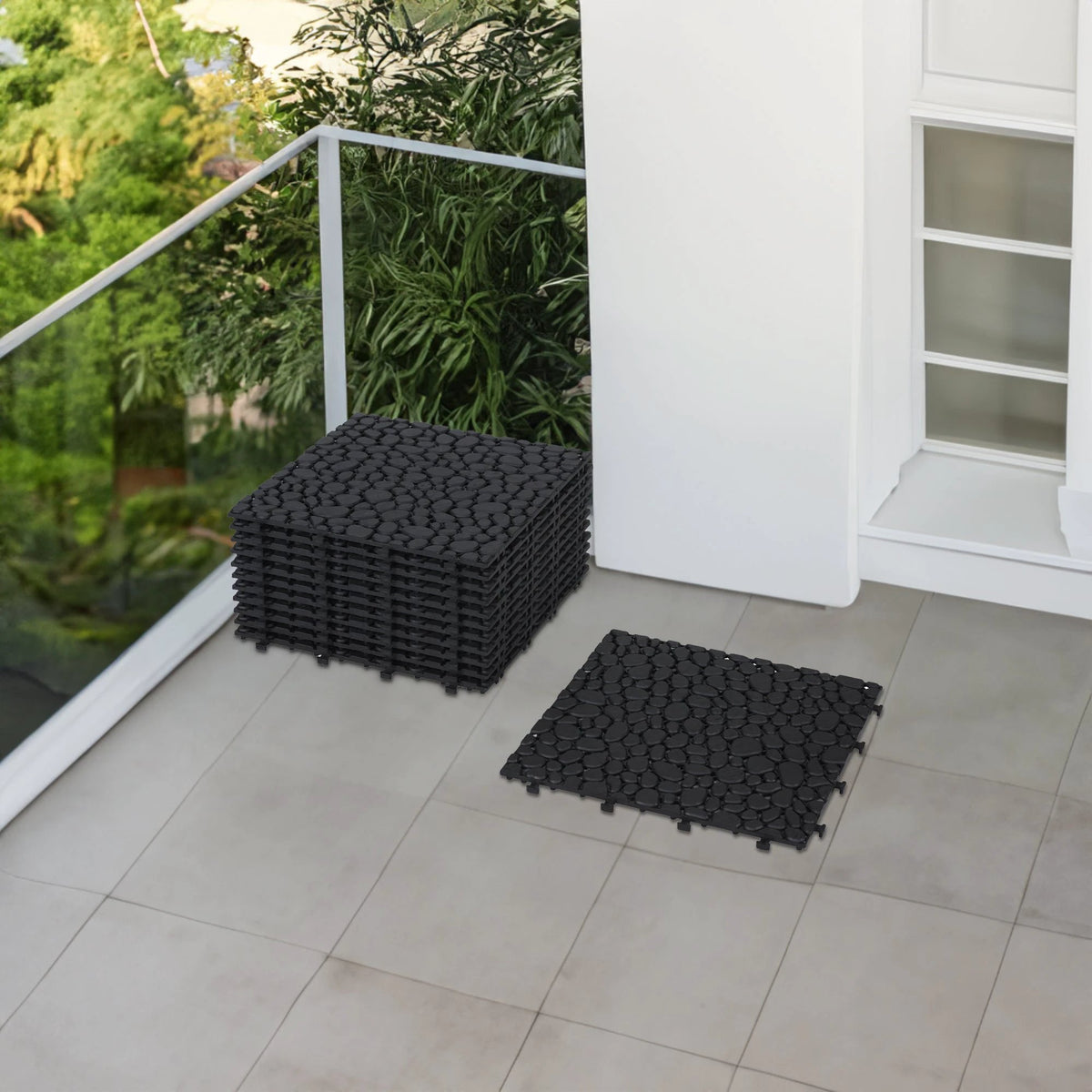 12 x 12 inch black interlocking deck tiles, plastic waterproofing, pebble pattern, pack of 12 by eprolo