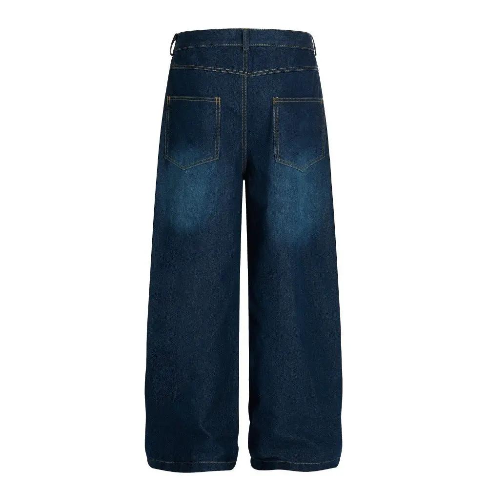Printed And Painted Denim Wide Leg Pants by eprolo, blue denim, relaxed fit, back view