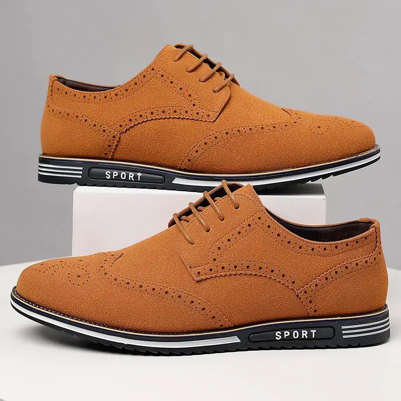 Harrington Spacious Carved Leather Shoes by eprolo; tan suede flats with a distinct white sole