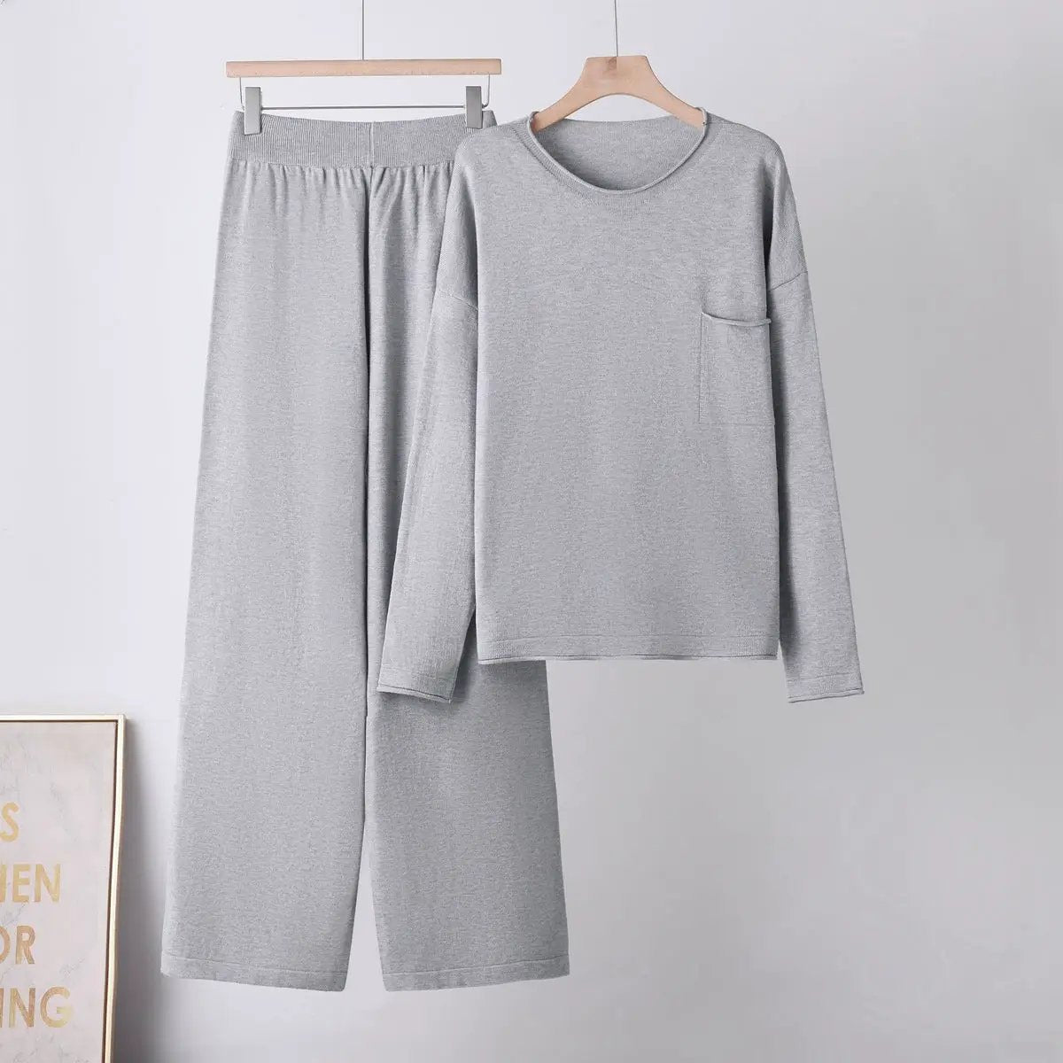 eprolo women's two-piece loungewear set in light gray: knit sweater with pocket and wide-leg pants