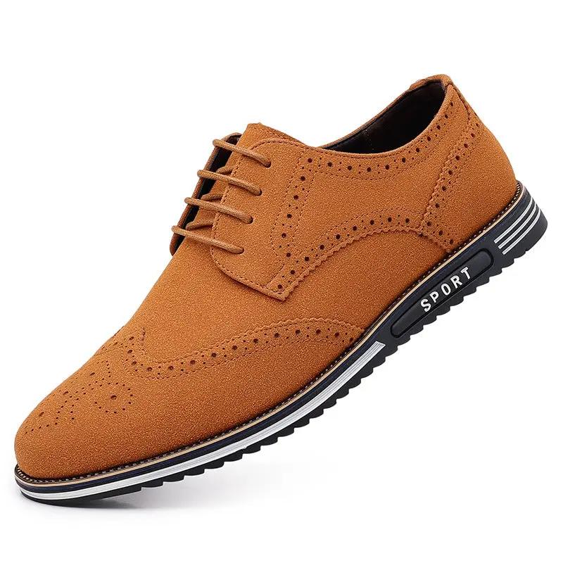 Harrington carved tan leather shoes with brogue perforations, lace-up, white sole