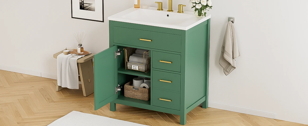 30-Inch Green Bathroom Vanity with Ceramic Sink and Ample Storage - Ideal Choice for Small Bathrooms by eprolo