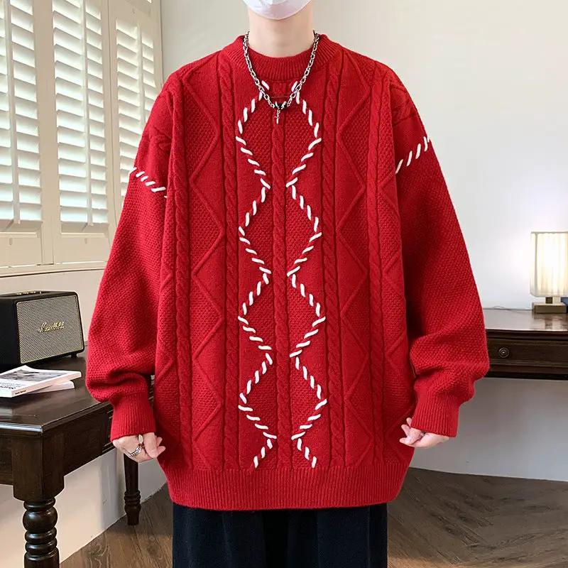 Mens premium cotton-blend crewneck sweater in red with white rope-diamond pattern and modern fit