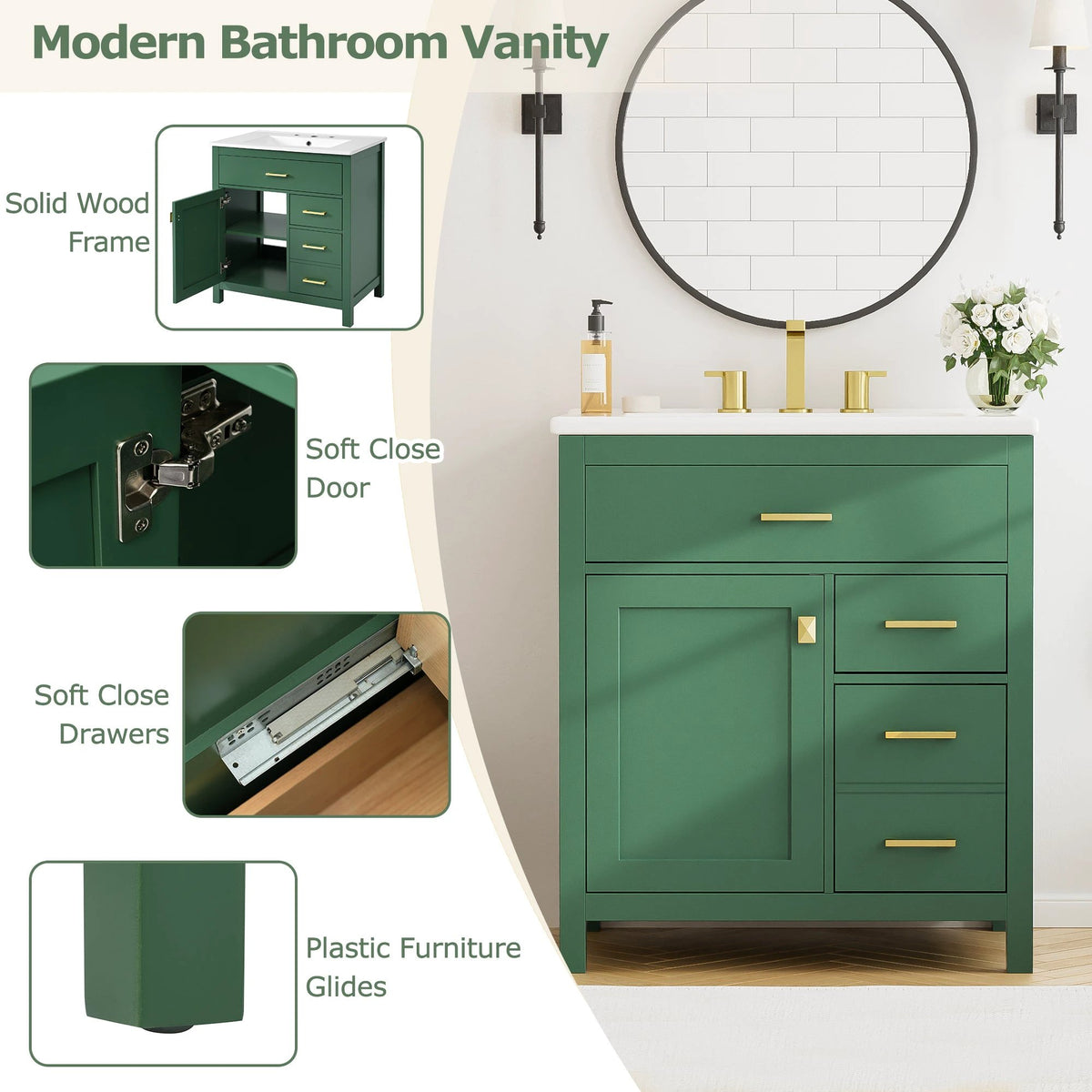 30-Inch Green Bathroom Vanity with Ceramic Sink and Ample Storage - Ideal Choice for Small Bathrooms by eprolo