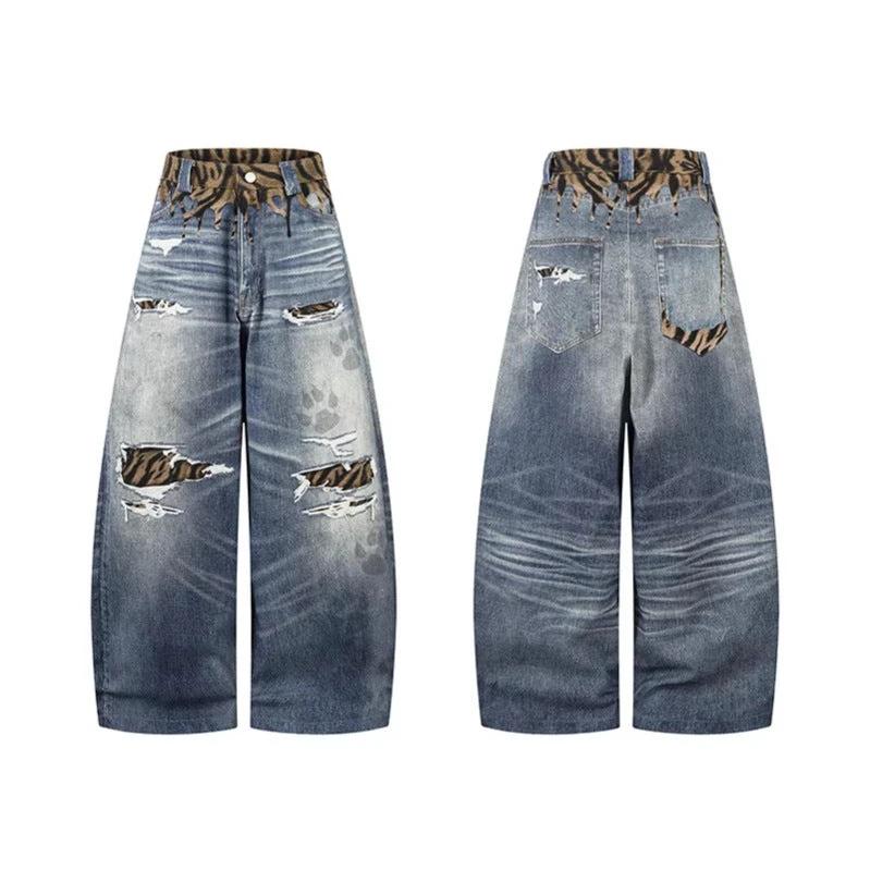 Unique Design Scratched Ripped Pleated Casual Loose Wide Leg Dagger Jeans by eprolo