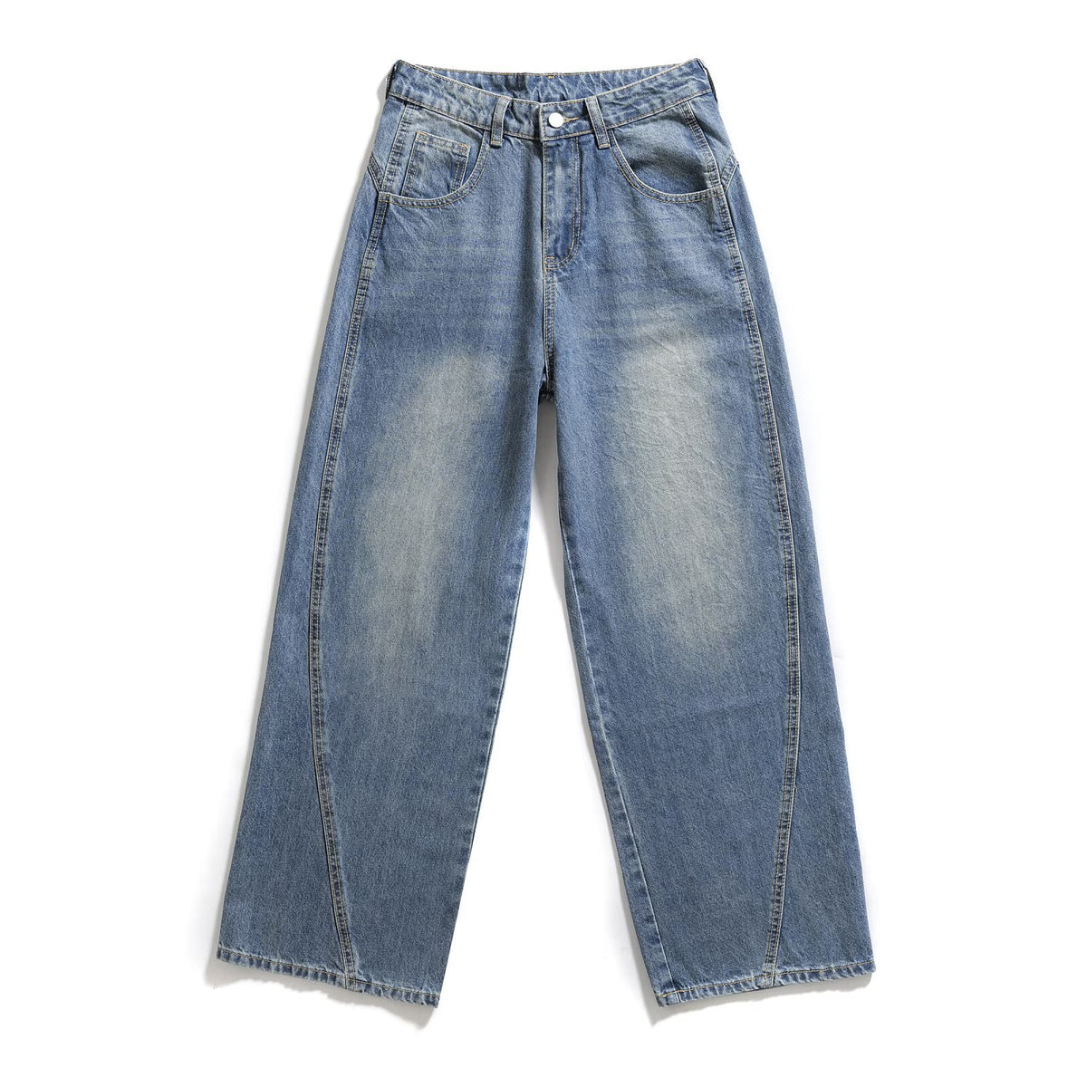 Denim jeans for women in blue wash with faded thighs and front pockets, wide-leg fit