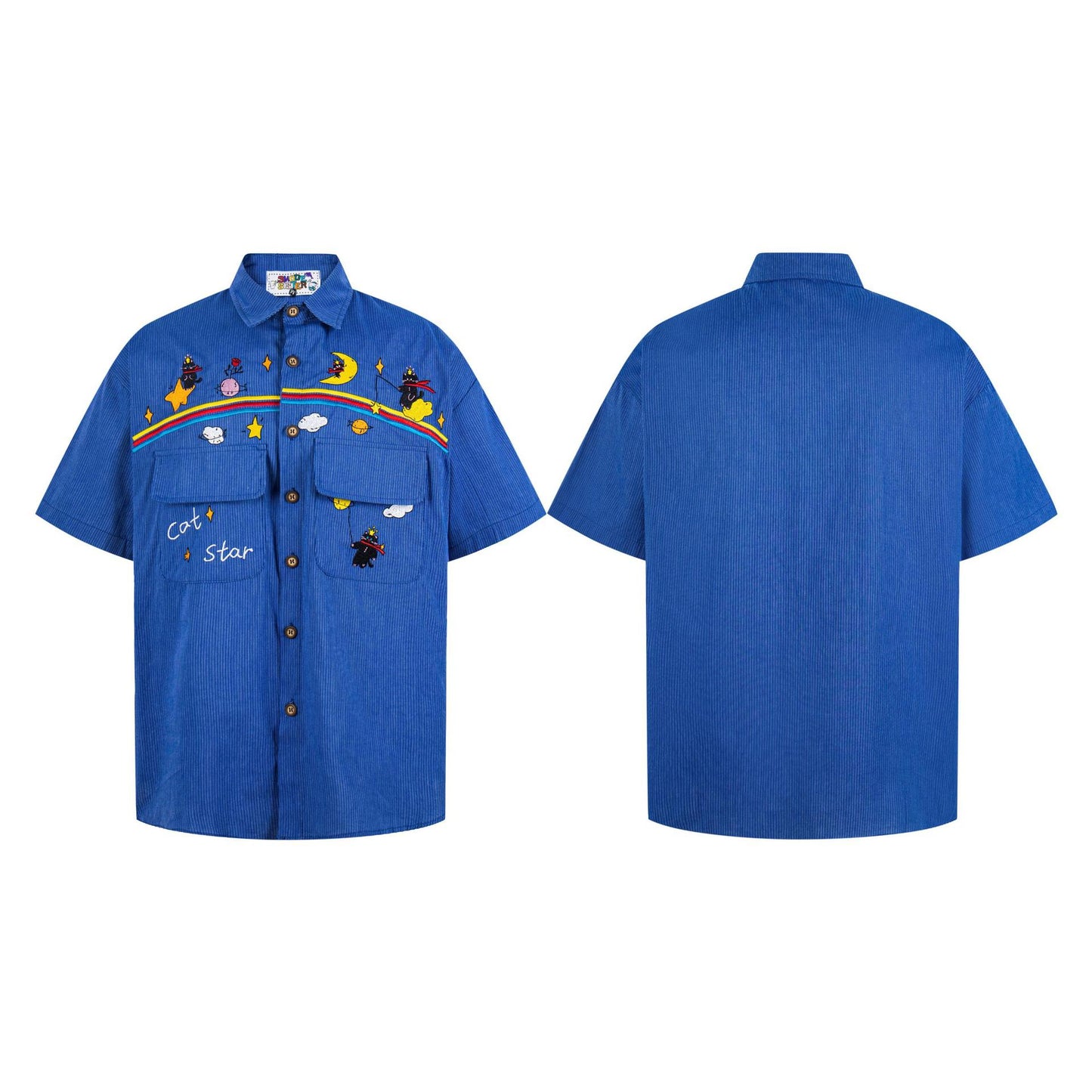 Rainbow cat embroidered short sleeved shirt