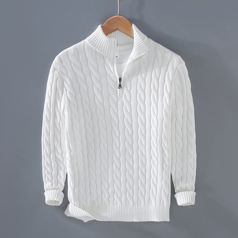 Men's white thickened coarse-knit cable-knit mock-neck zipper pullover sweater