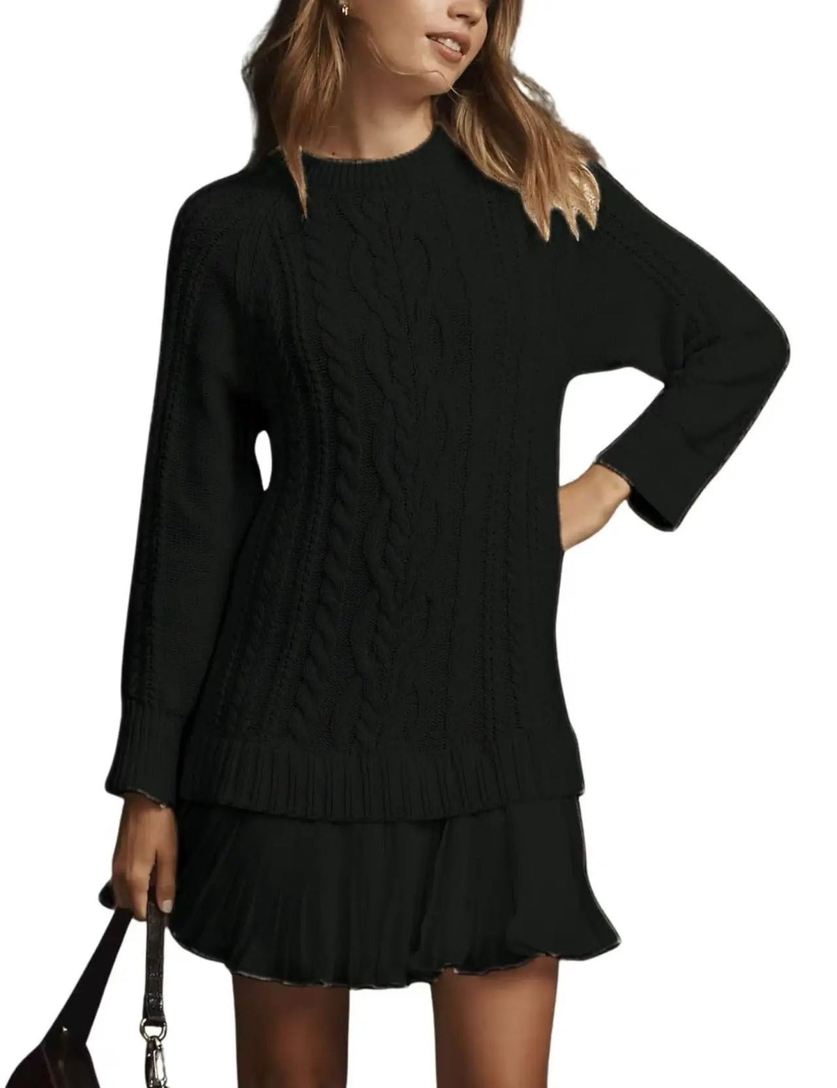 Women cable-knit sweater pullover in black, relaxed fit by eprolo