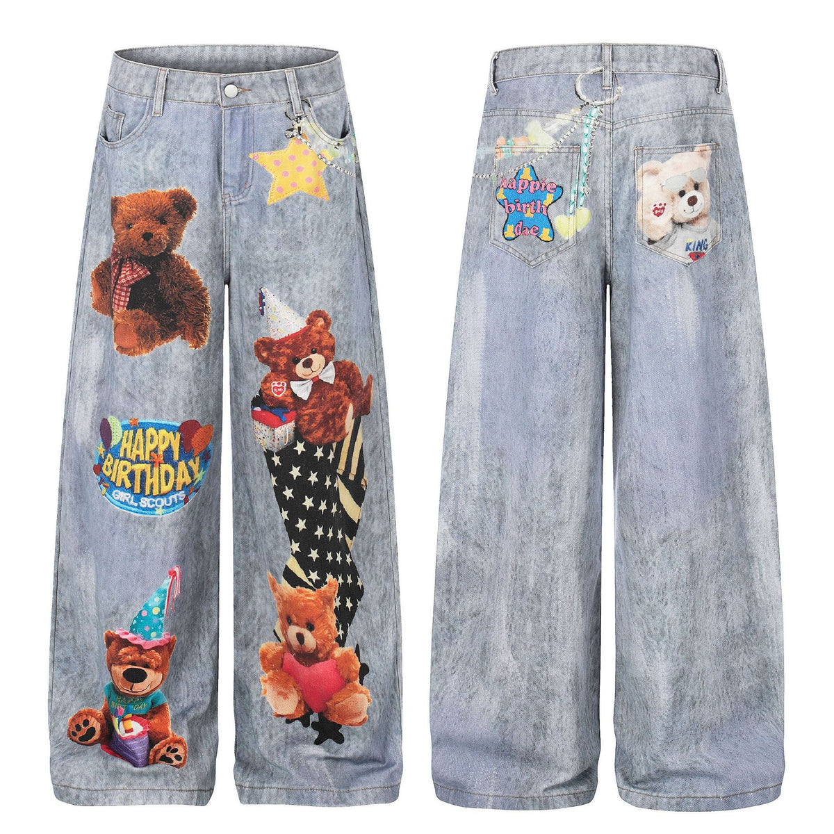 Pantalones vaqueros unisex con estampado de oso, holgados, de pierna ancha, lavados, desgastados, estilo urbano, de pierna recta, largos