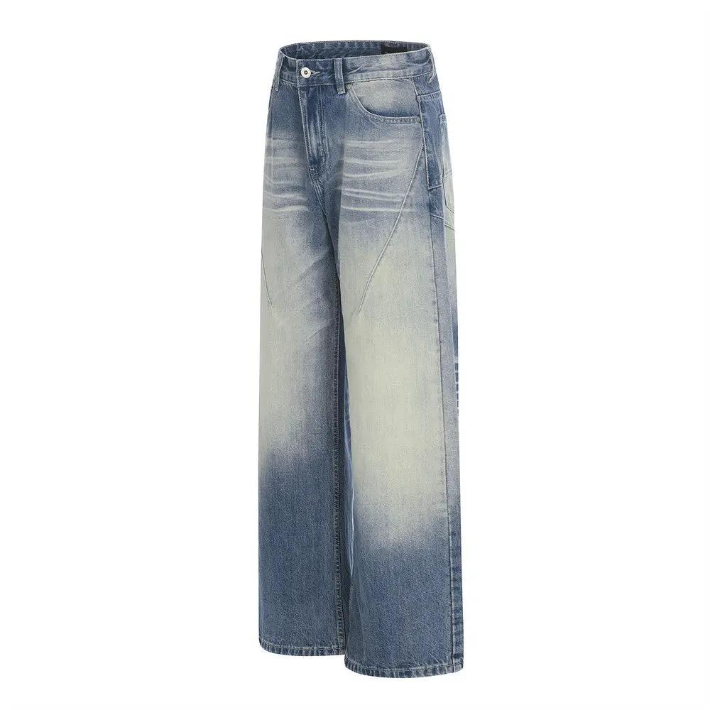 Relaxed-fit color-block denim jeans, polished blue wash with faded panels and whiskering