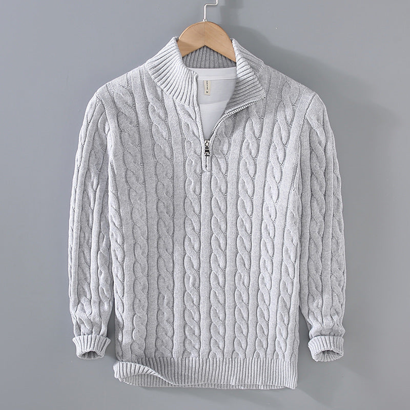 Men's thickened coarse-knit zip mock-neck pullover sweater, gray, by eprolo