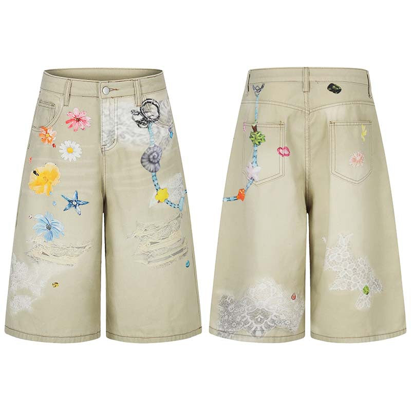 Flower Hanging Decoration 3D Digital Printing Washed Denim Cropped Pants
