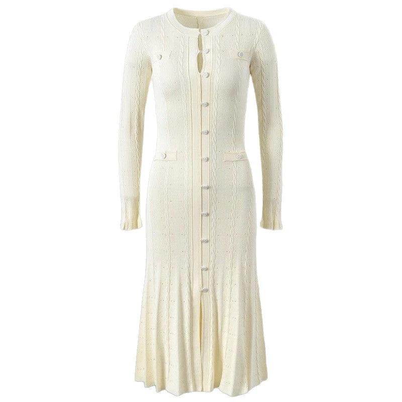 Chic Long Sleeve Knit Dress with Side Split, Waist-Cinching Slim Fit, Floor-Length Skirt by eprolo