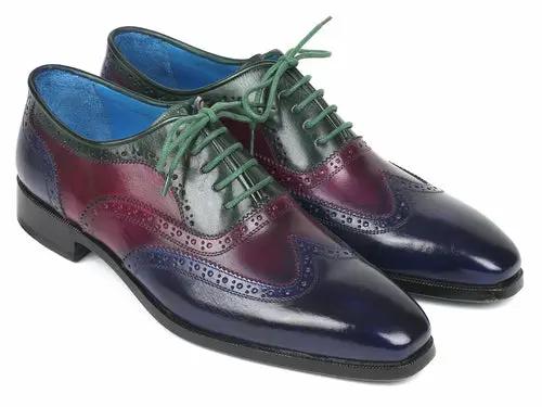 Paul Parkman men's multi-color wingtip oxfords from PrimeCanada.Store, blue-green-burgundy patent leather, lace-up pair