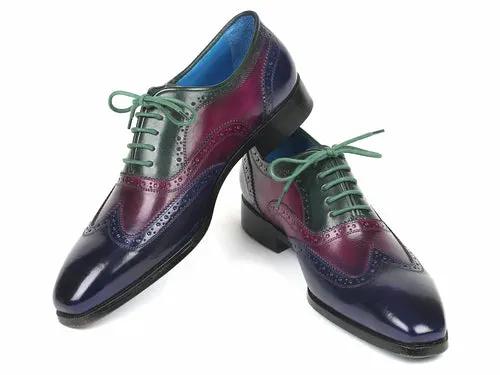 Paul Parkman men's multi-color wingtip oxford shoes, green laces, blue lining, pair