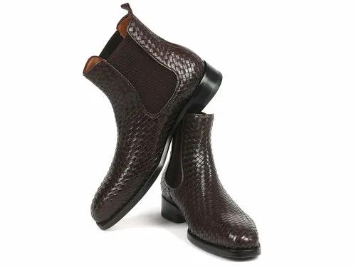 Paul Parkman chocolate brown woven leather Chelsea boots, pair with elastic side panels.