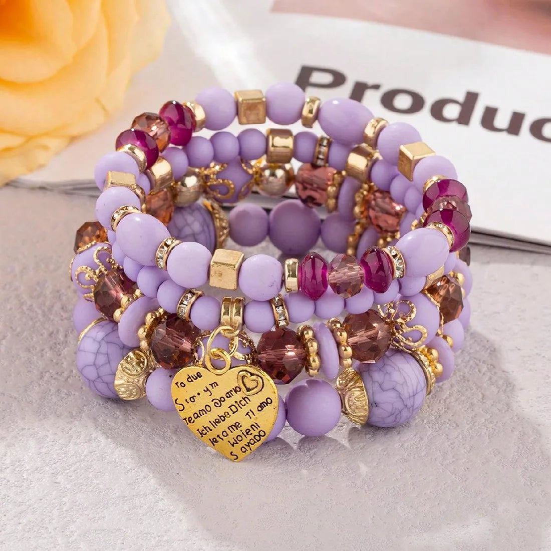 Boho crystal heart bracelet set, 4-piece stackable lavender bead bracelets with gold accents and heart charm