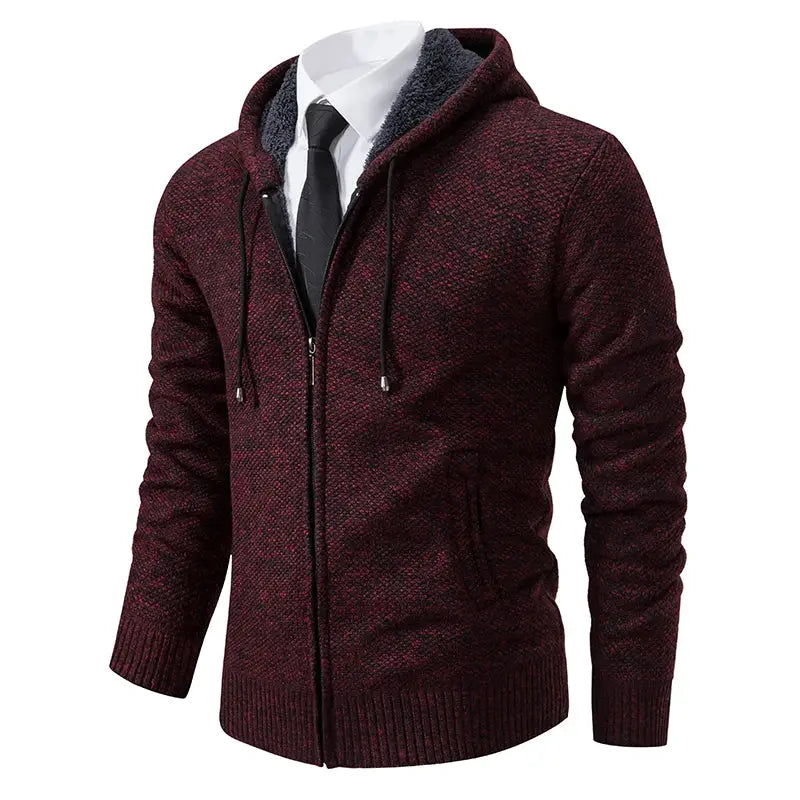 Men's relaxed fit casual sports coat, burgundy knit zip hoodie with pockets
