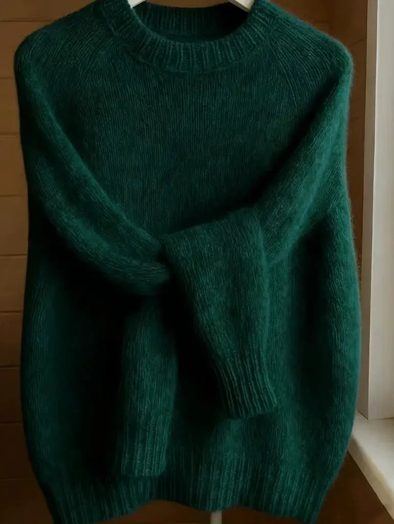 Womens soft cozy knit sweater, emerald green fuzzy pullover