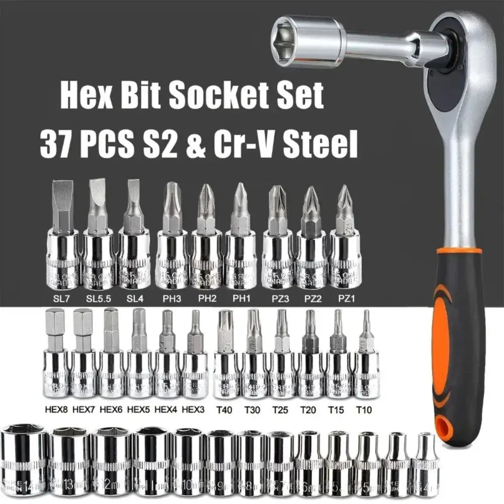 Hex bit socket set with ratchet wrench, 37-piece S2 & Cr-V steel, storage case.